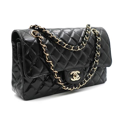 chanel black patent leather small classic flap bag|chanel patent leather tote bag.